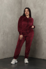 Костюм жіночий 23.1860, 50(2XL), 52(3XL), 54(4XL), бордо 1, стильний велюровий спортивний костюм на замку у збільшених розмірах