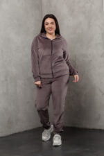 Костюм жіночий 23.1860, 50(2XL), 52(3XL), 54(4XL), шоколад 1, стильний велюровий спортивний костюм на замку у збільшених розмірах - Зображення 4